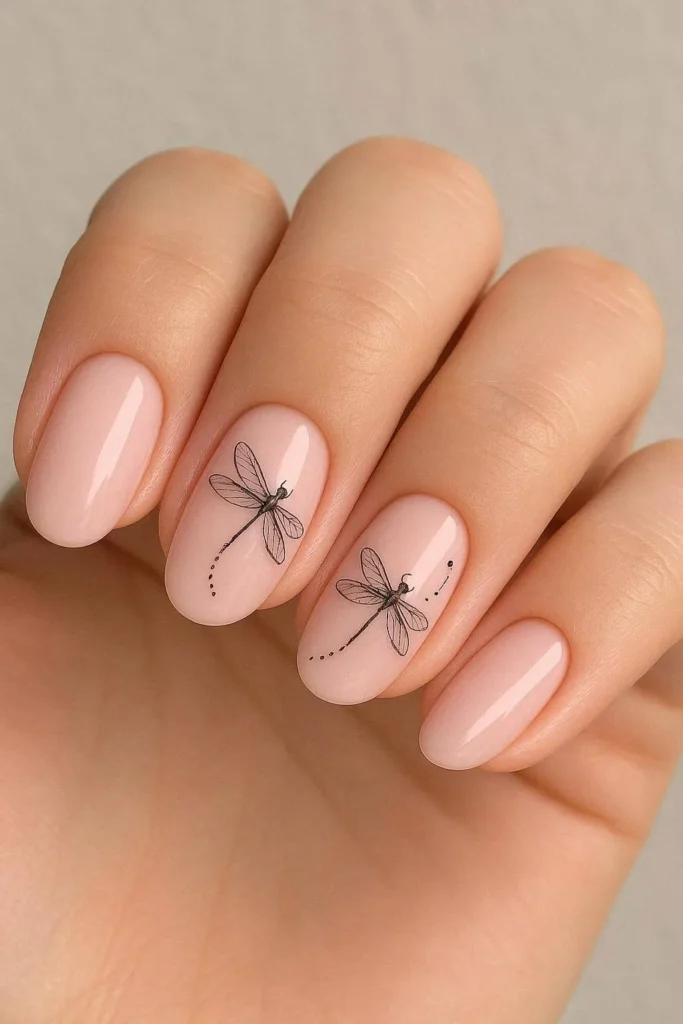 Blush pink nails with elegant dragonfly illustrations
