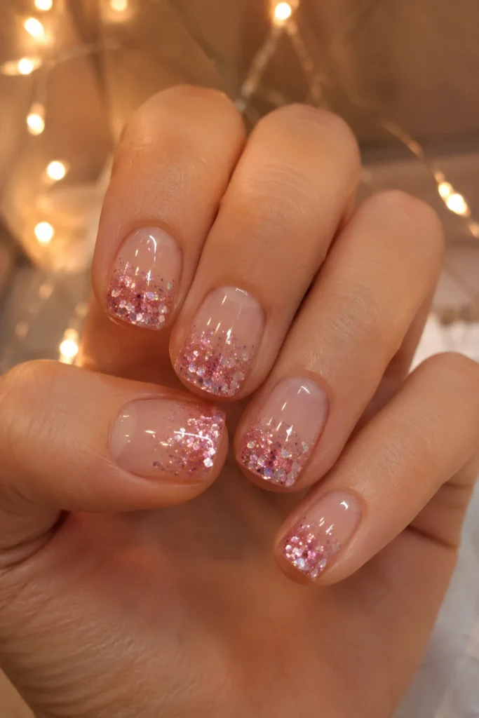 Pink glitter French tip nails with sparkling finish