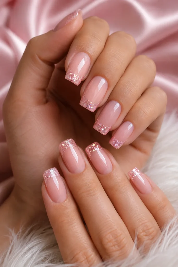Sparkling pink glitter on French tip nails