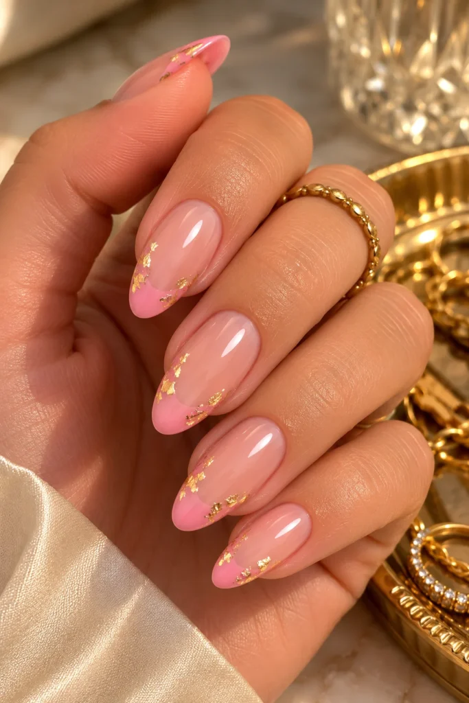 Pink French tip nails with gold foil accents