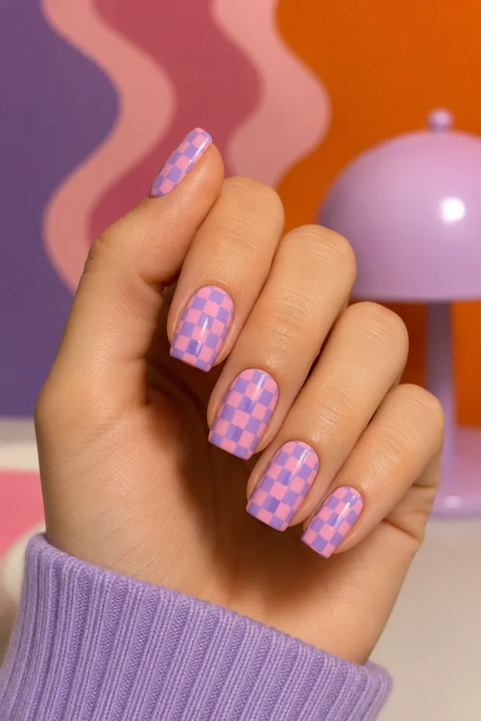Pink and purple checkerboard nail design on almond nails