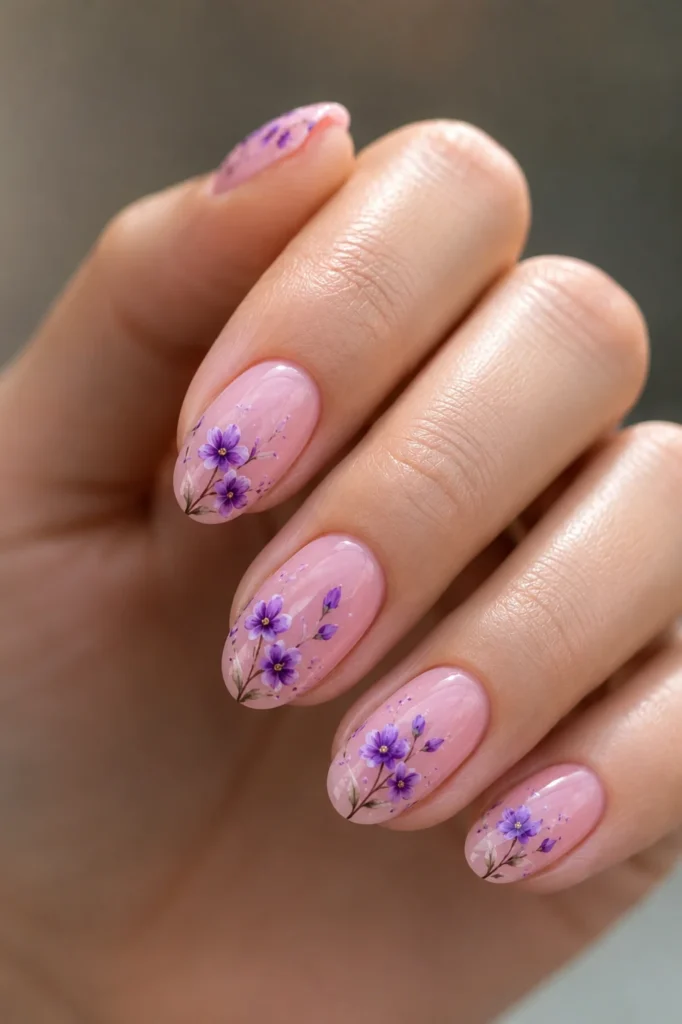Soft pink nails with delicate purple floral nail art