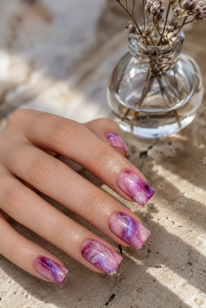 Pink and purple marble swirl nail art on almond nails