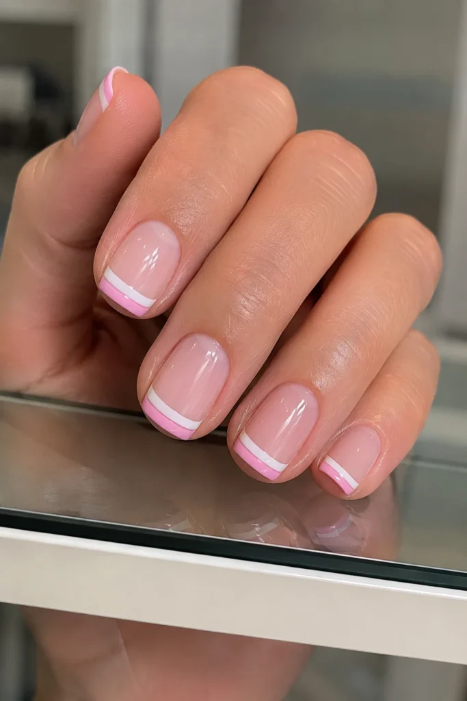 Pink and white double French tip nail design