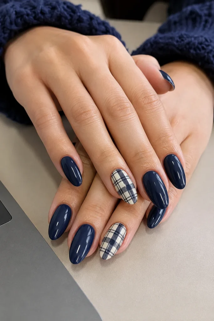 Plaid accent nail with matching solid color manicure