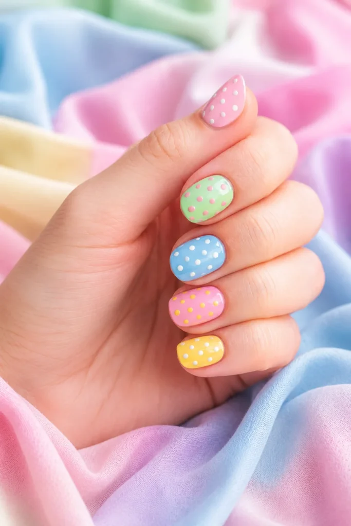 Pastel polka dot nail design in four colors.