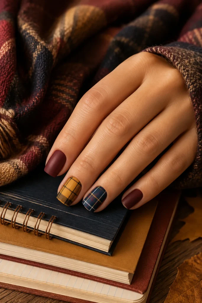 Preppy academia plaid nails in burgundy mustard and navy