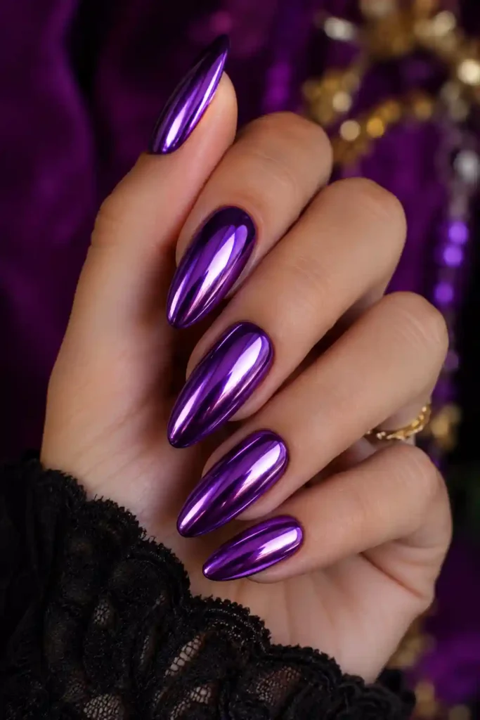 Metallic purple chrome nails for carnival festival