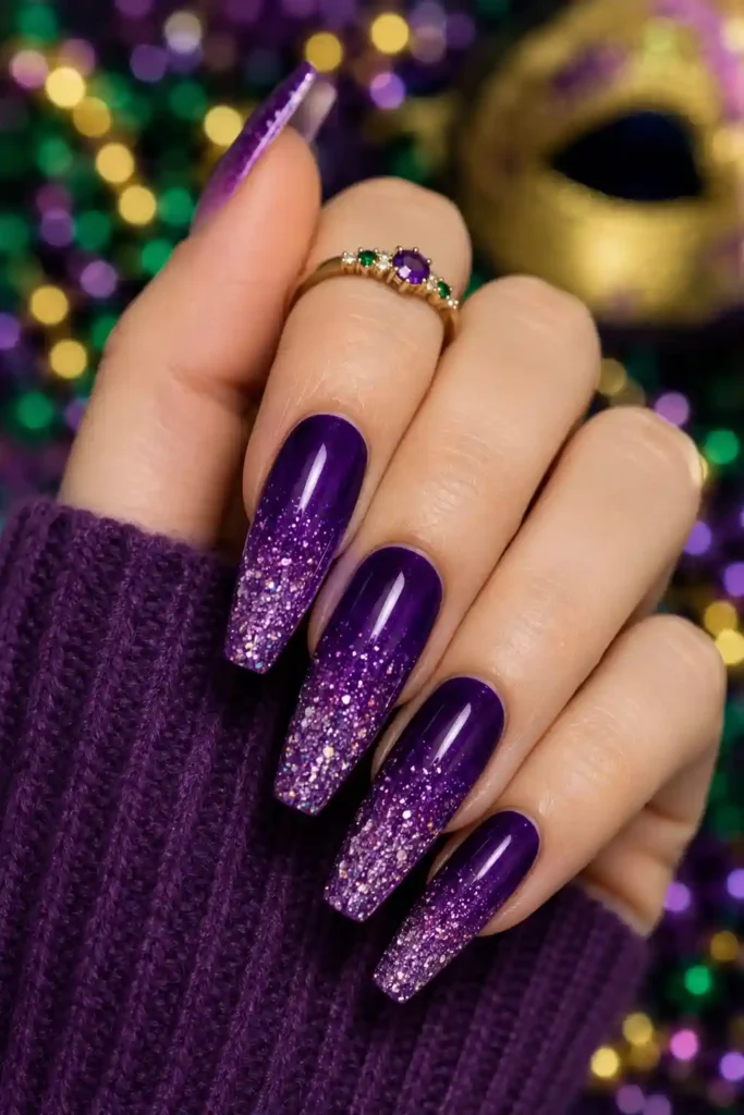 Deep purple glitter ombre nails for Mardi Gras