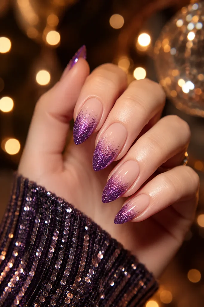 Purple glitter ombré tips over sheer pink nails