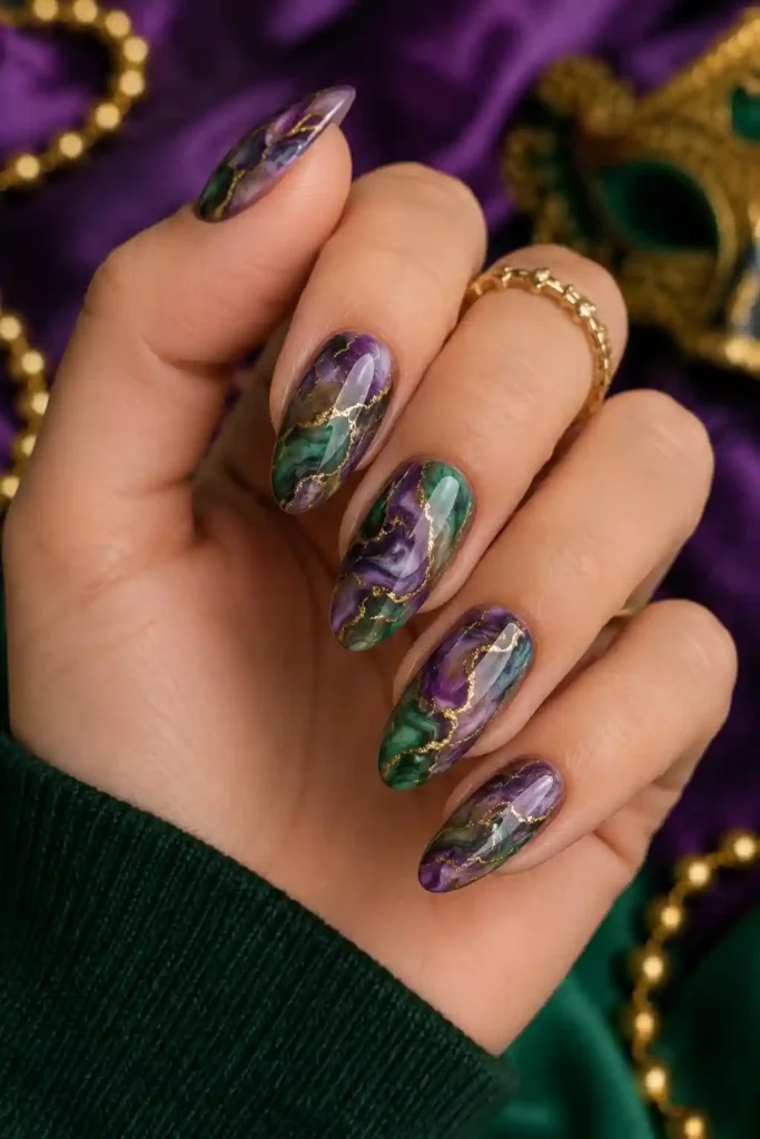 Purple and green marble nails for Mardi Gras festival
