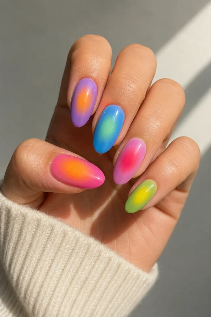 colorful rainbow aura blend statement nail set