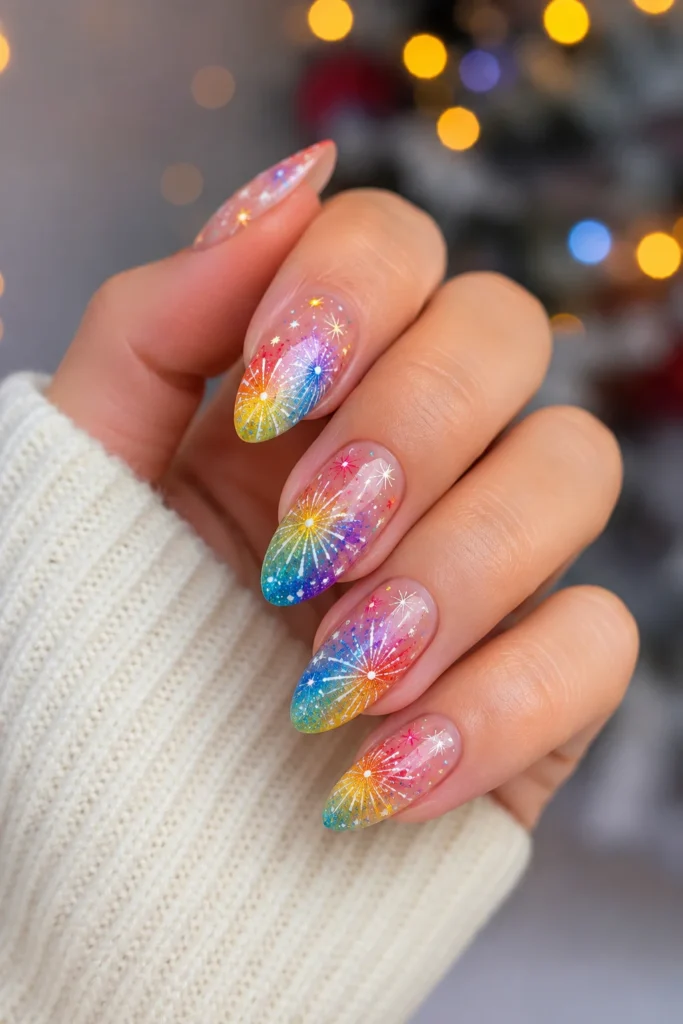 Rainbow colored nails glittering with festive firework bursts