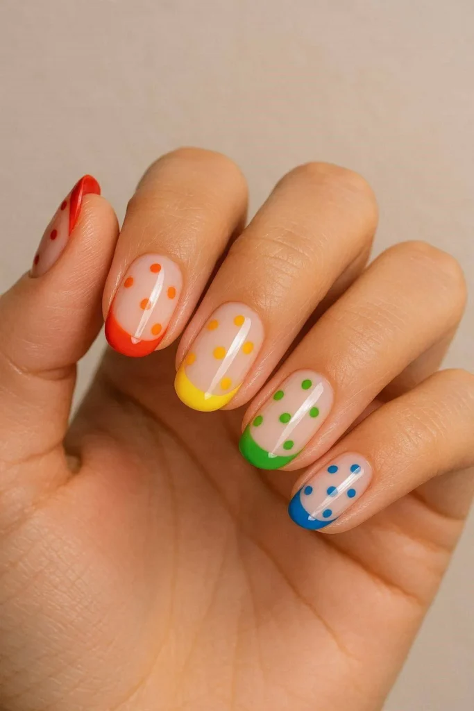 Rainbow French tip nails with polka dot accents