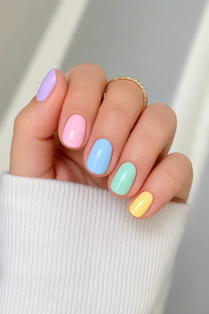 rainbow pastel short nails design