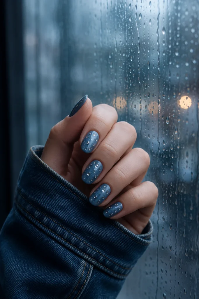 Denim blue nails with silver raindrop accents