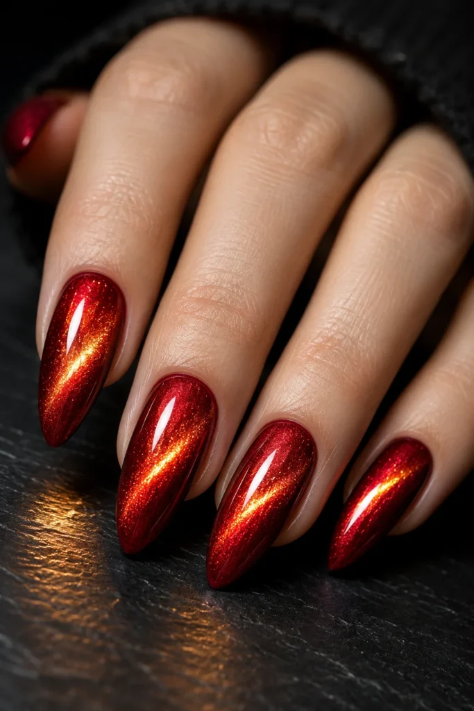 Red cat-eye nails with gold sparkle accents.