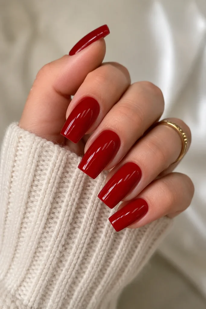 Classic glossy red dip powder nails timeless manicure