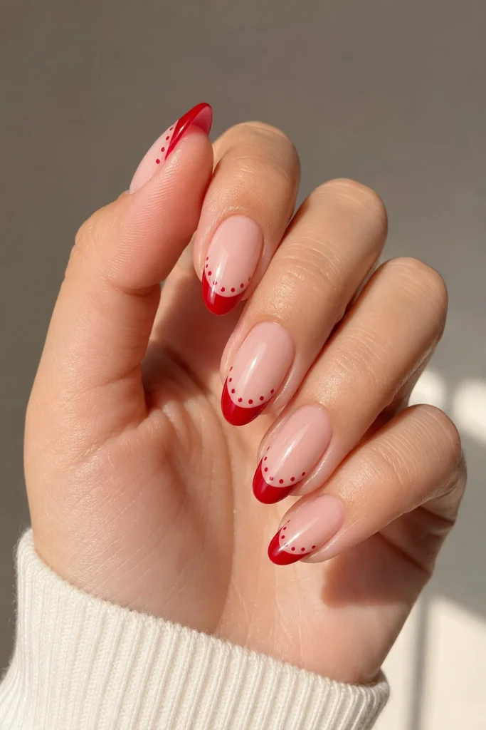 Red French tip nails with tiny polka dots