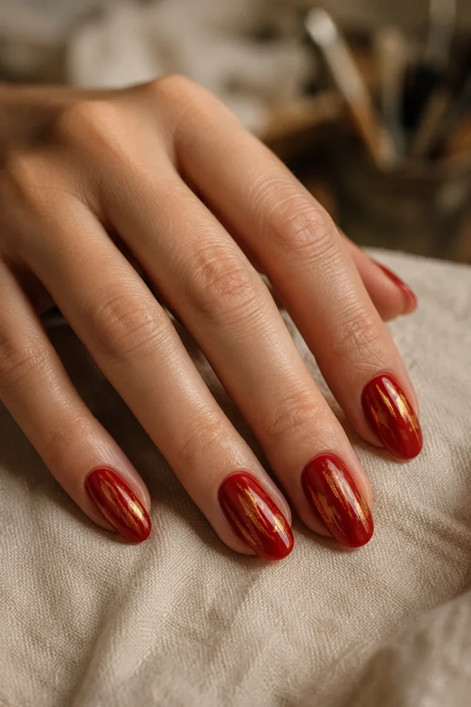 Red nails featuring abstract gold brush strokes.