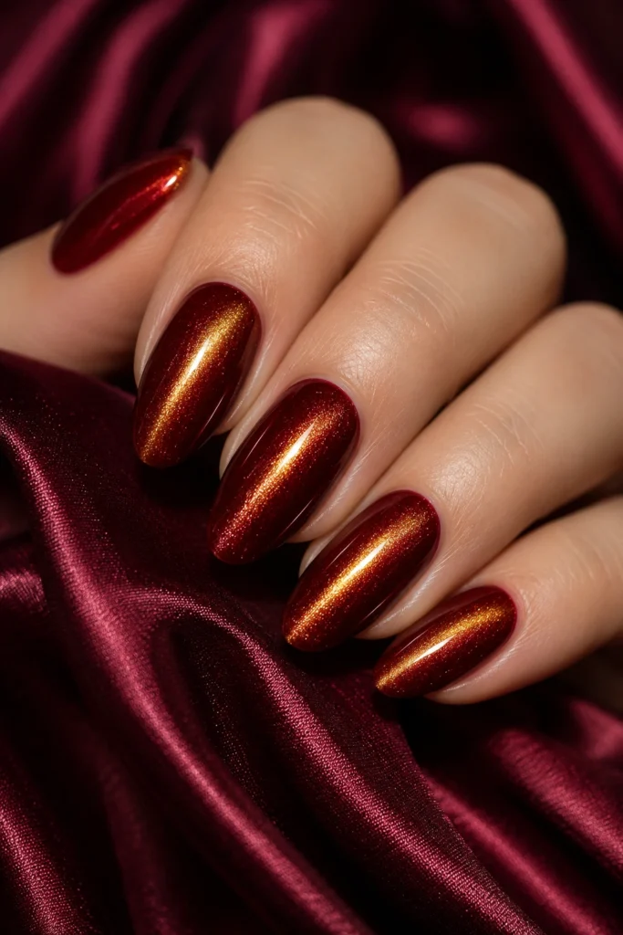 Red nails featuring shimmering gold cat eye effect