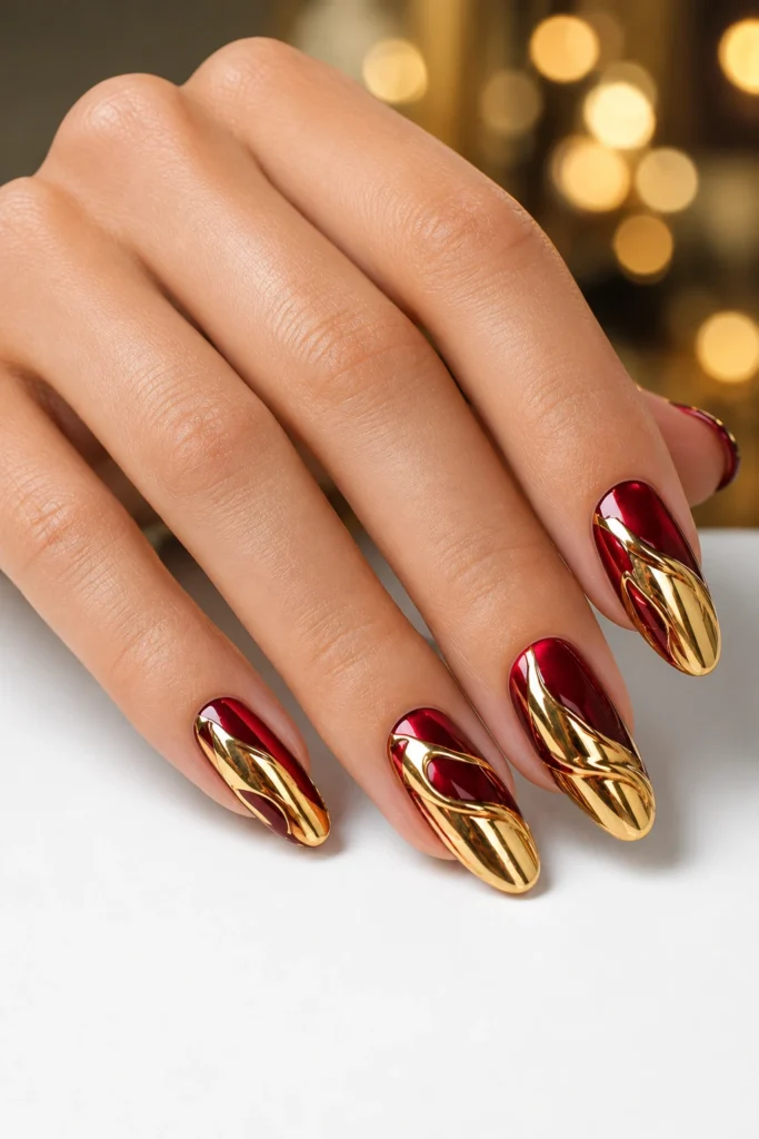 Red nails featuring metallic gold chrome swirl design
