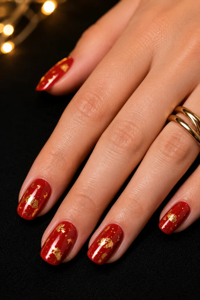Glossy red nails with scattered gold confetti flakes