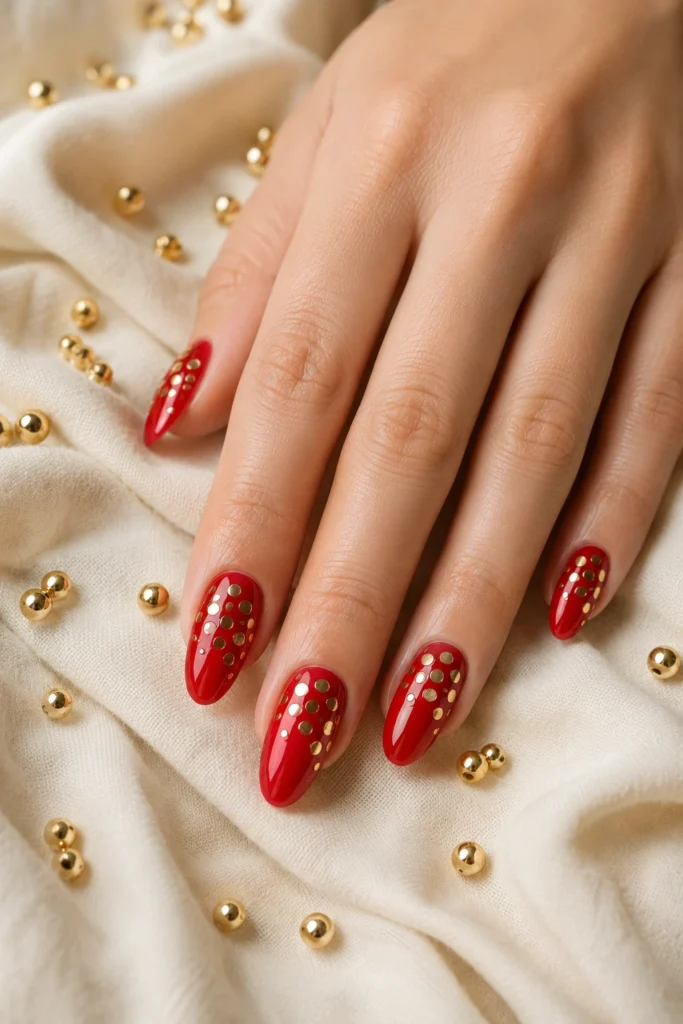Glossy red nails decorated with gold dot nail art