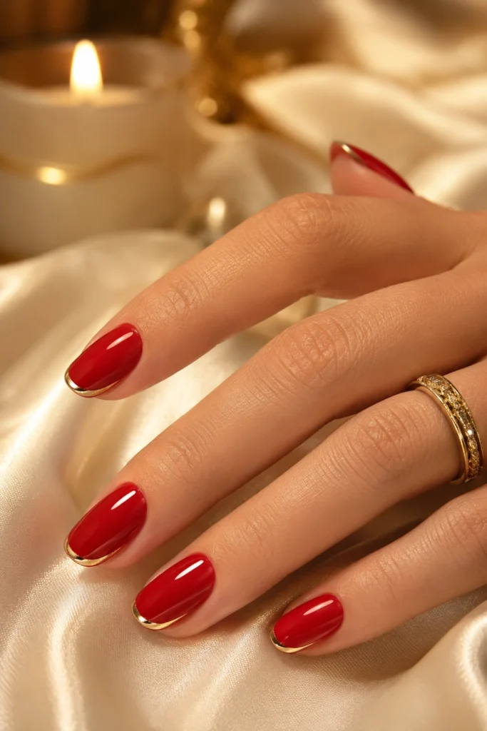 Classic red nails with elegant gold French tips
