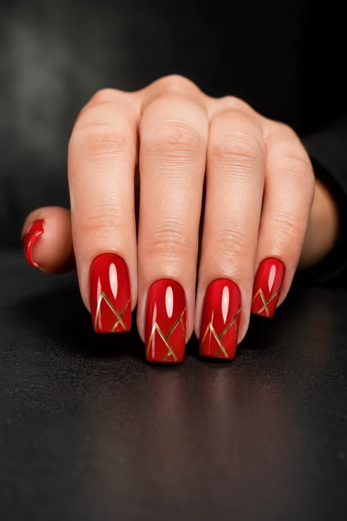 Red nails featuring elegant gold geometric line art.