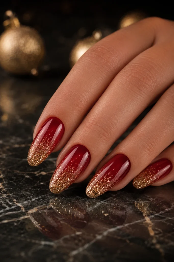 Red ombre nails fading into gold glitter tips