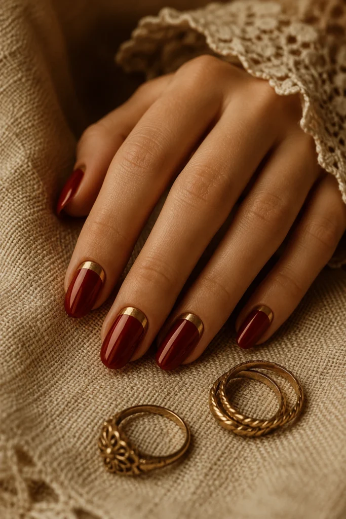Red nails with elegant gold half moon manicure