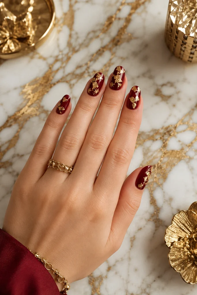 Deep red marble nails decorated with gold leaf