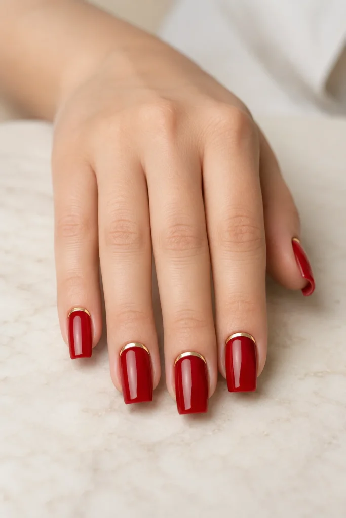 Bold red nails with gold reverse French tips.
