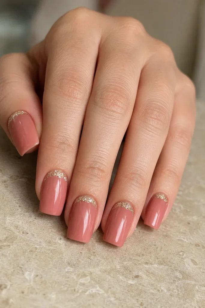 Soft red nails with gold glitter cuticle line.
