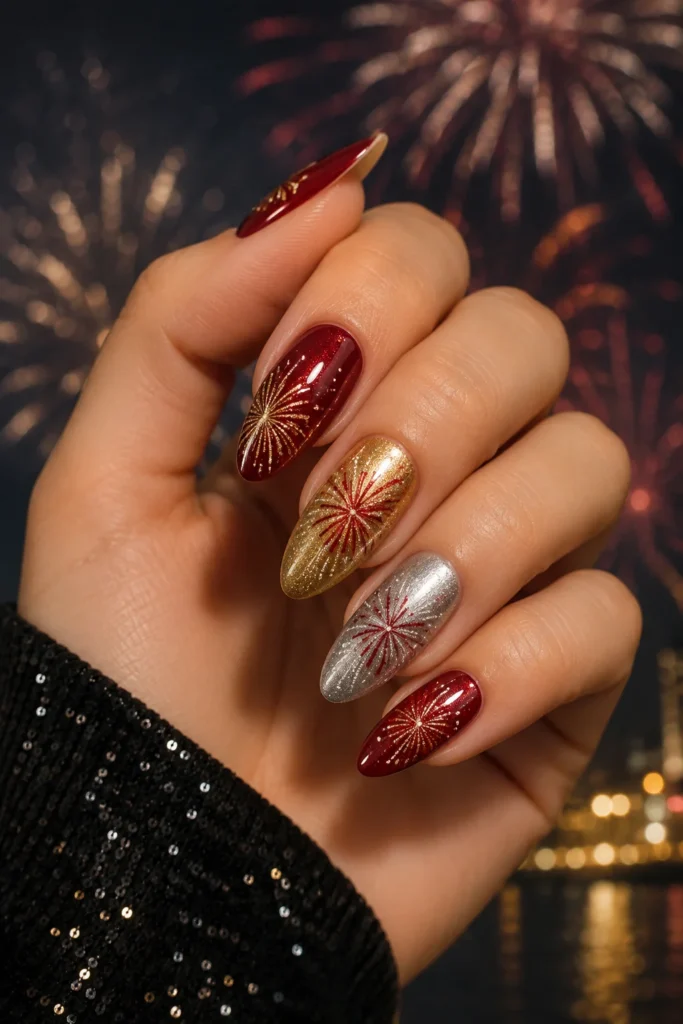 Red gold silver metallic firework nail art design