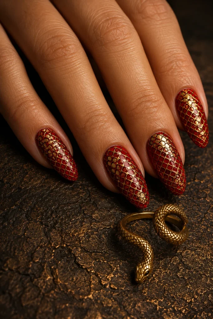 Bold red and gold snake print nail design
