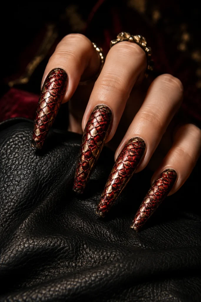 Red and gold snakeskin pattern nail design.