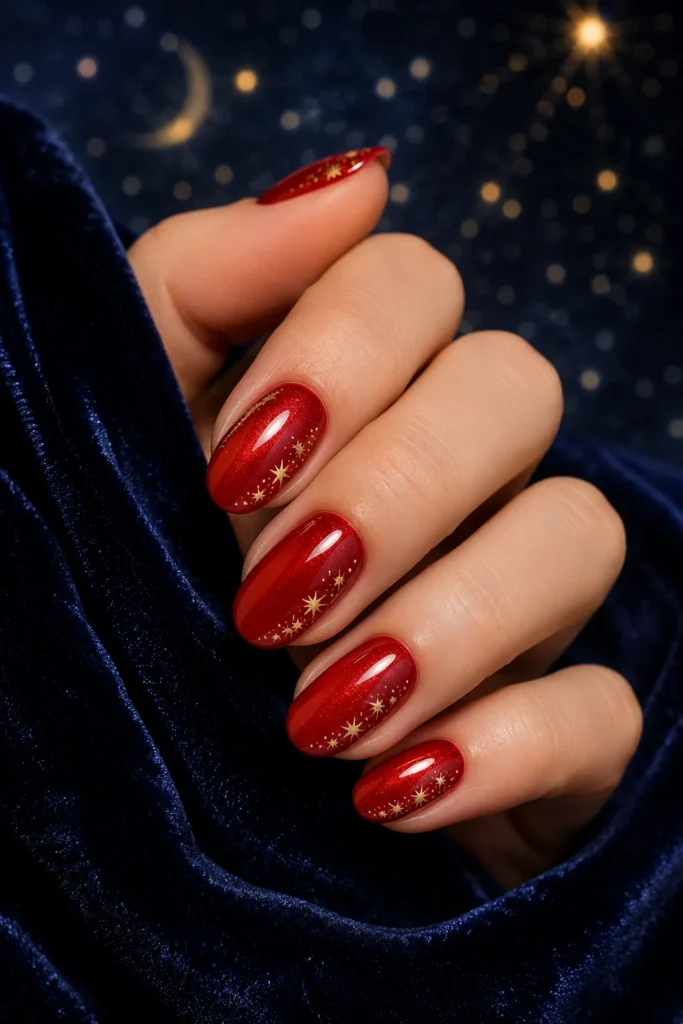 Glossy red nails decorated with gold stars.