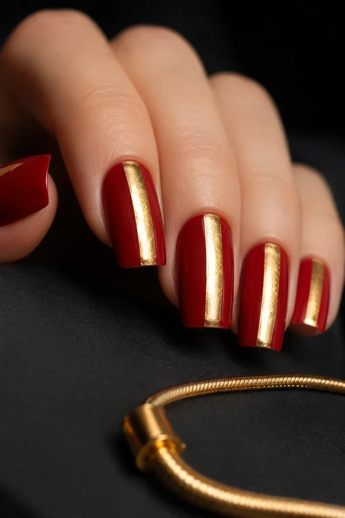 Square red nails with bold gold stripe design