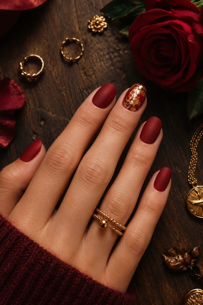 Glossy red nails with gold foil accent nail