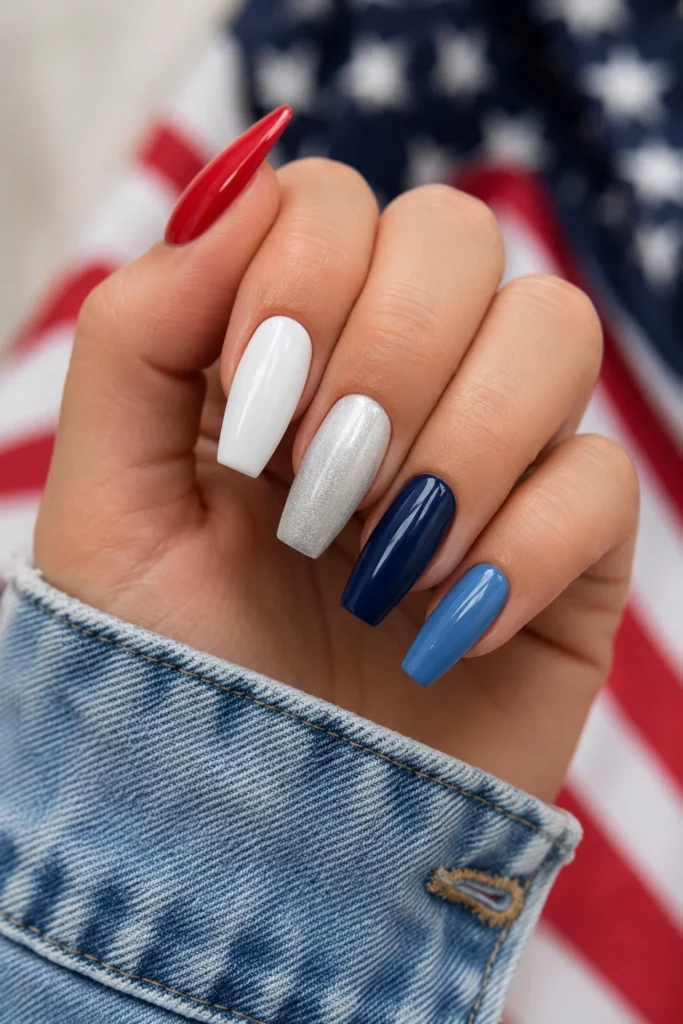 Skittle manicure in red white and blue shades