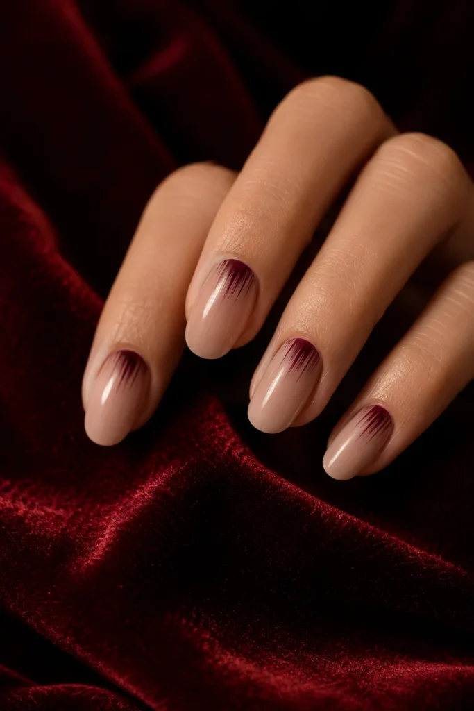Reverse French brush stroke nail design near cuticle