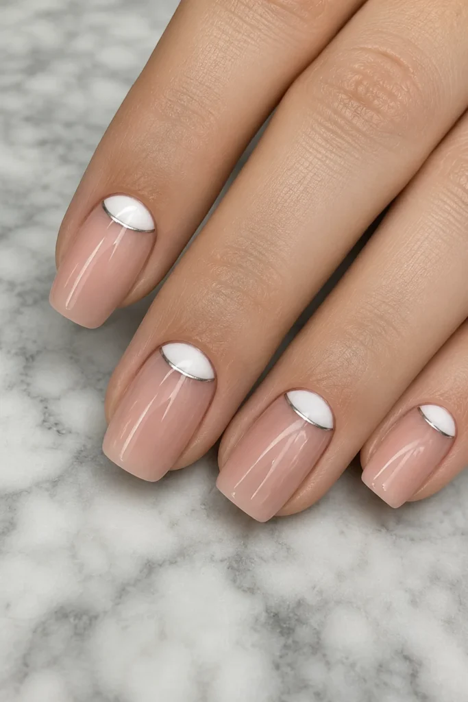Reverse French white and silver squoval nails