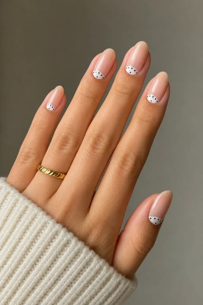 Reverse French manicure with polka dot accents