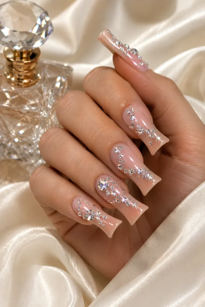 Nude duck nails decorated with sparkling rhinestones
