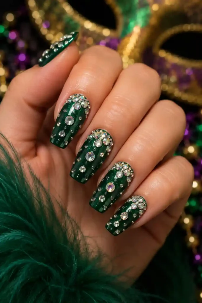 Sparkling rhinestone festival nails for Mardi Gras glamour