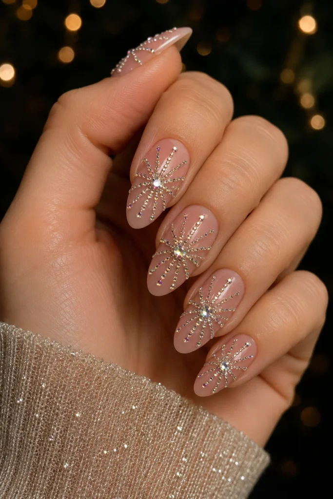 Nails with rhinestones arranged into firework burst patterns