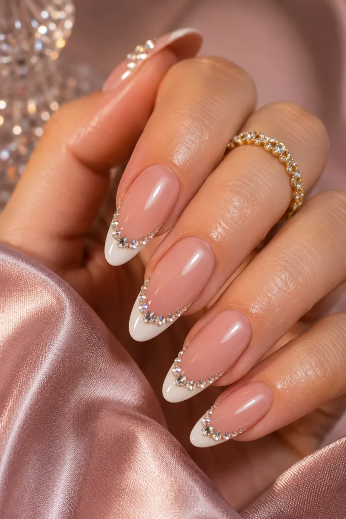 Crystal rhinestone accents on glossy French tips