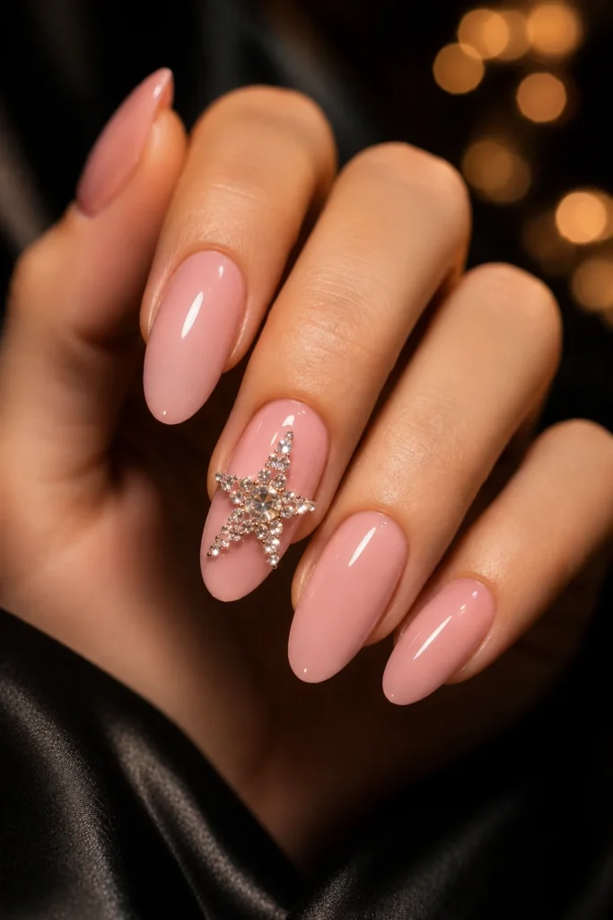 Pink nails with rhinestone star accent design